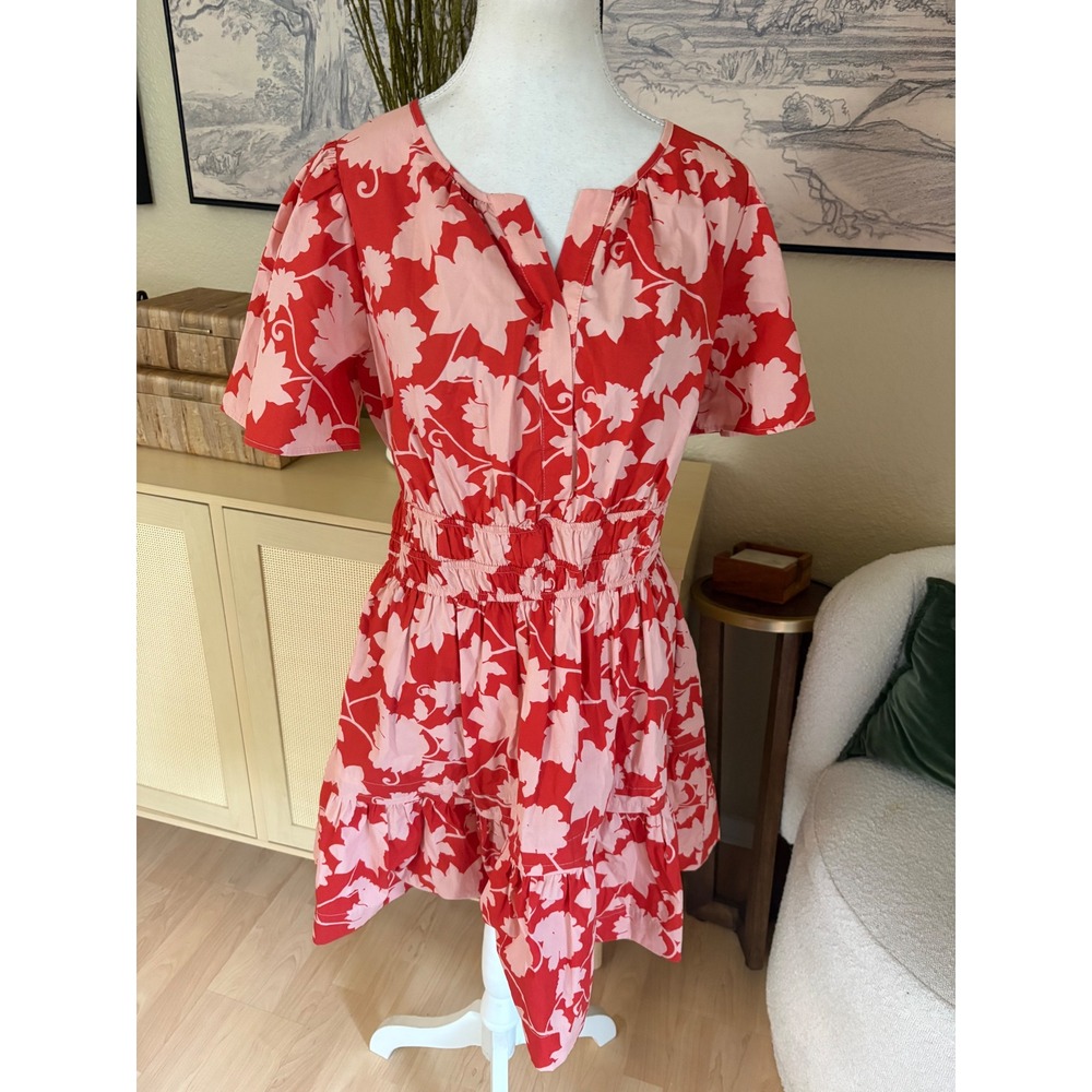 ANTHROPOLOGIE Somerset Mini Dress Womens Red Peach All Over Print Floral Size LP - Picture 3 of 11
